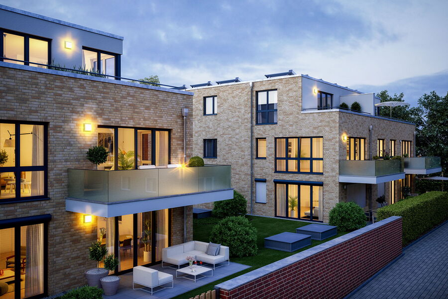Visualization of modern apartment building at dusk