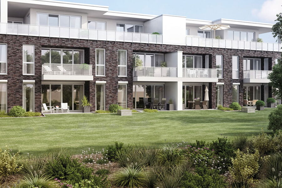 Visualization of a modern residential building with dark clinker brickwork and green garden area