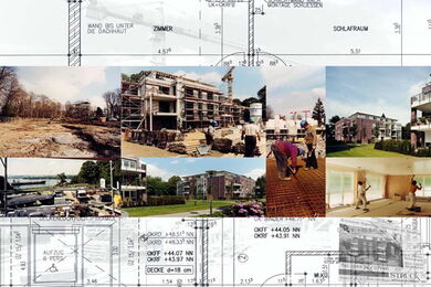 Eine Collage aus architektonischen Plänen, überlagert mit Fotos, die verschiedene Stadien der Bauarbeiten, Landschaftsgestaltung, fertige Wohnblöcke und Arbeiter beim Innenausbau zeigen.