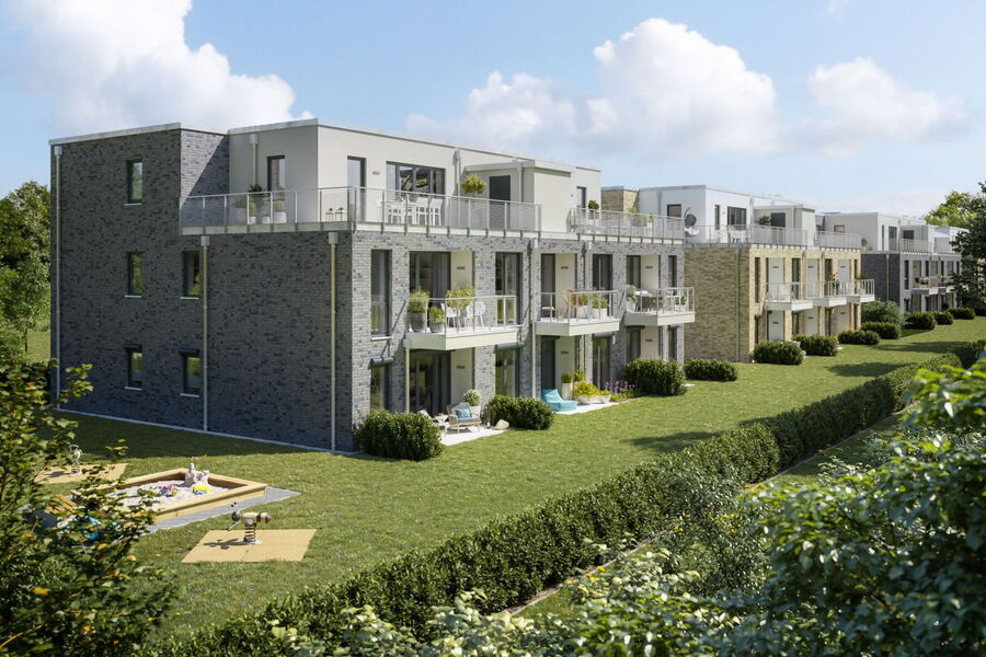 Moderne Häuserreihe mit viel Grünfläche im Elchkamp in Norderstedt